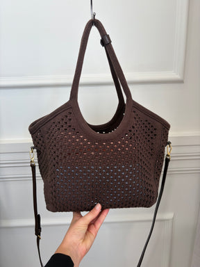 Miu Miu Ivy Cotton Mesh Tote Chocolate Brown