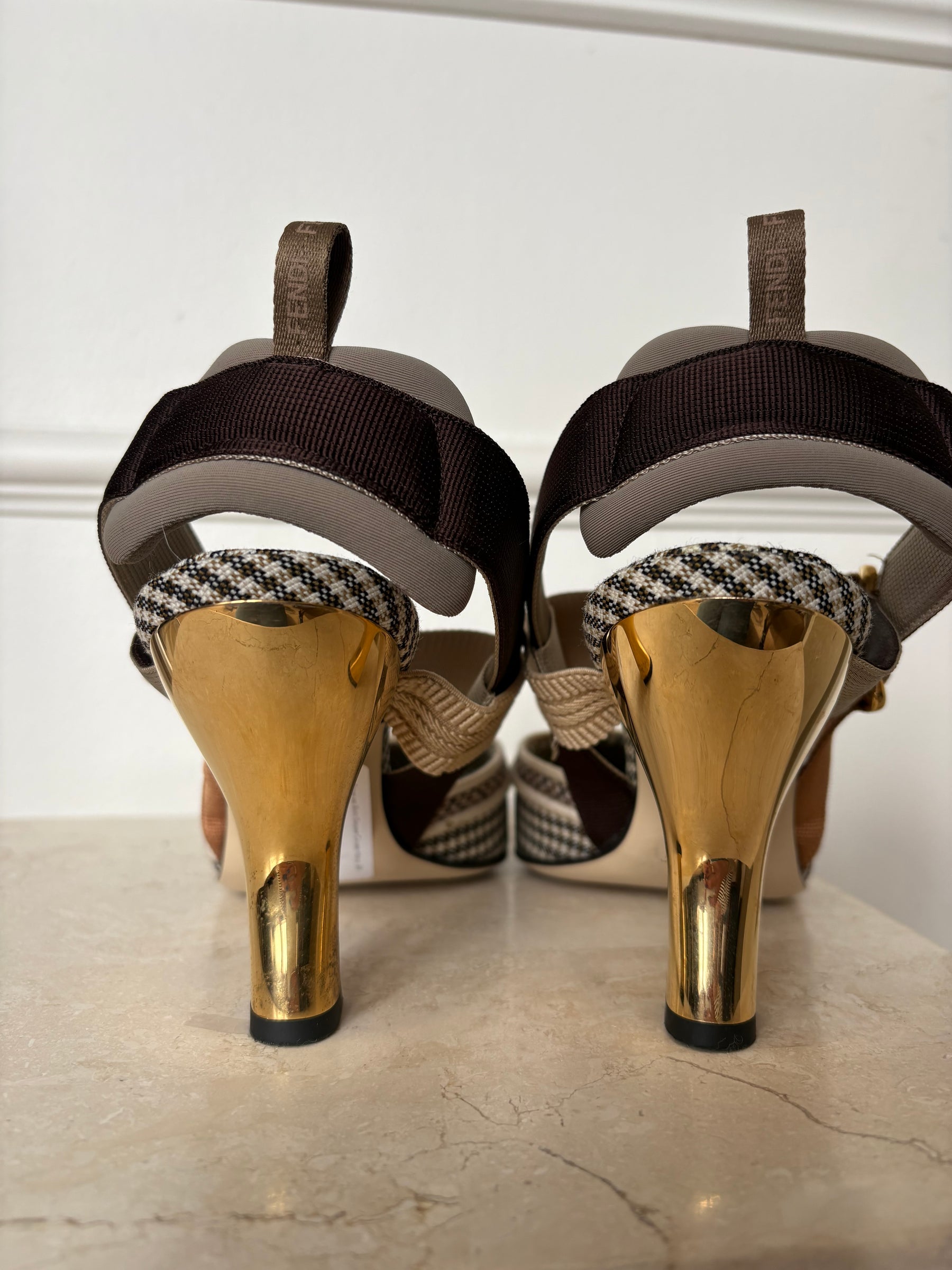 Fendi Brown and White Gingham Colibri Heels, 38