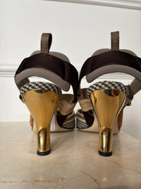 Fendi Brown and White Gingham Colibri Heels, 38