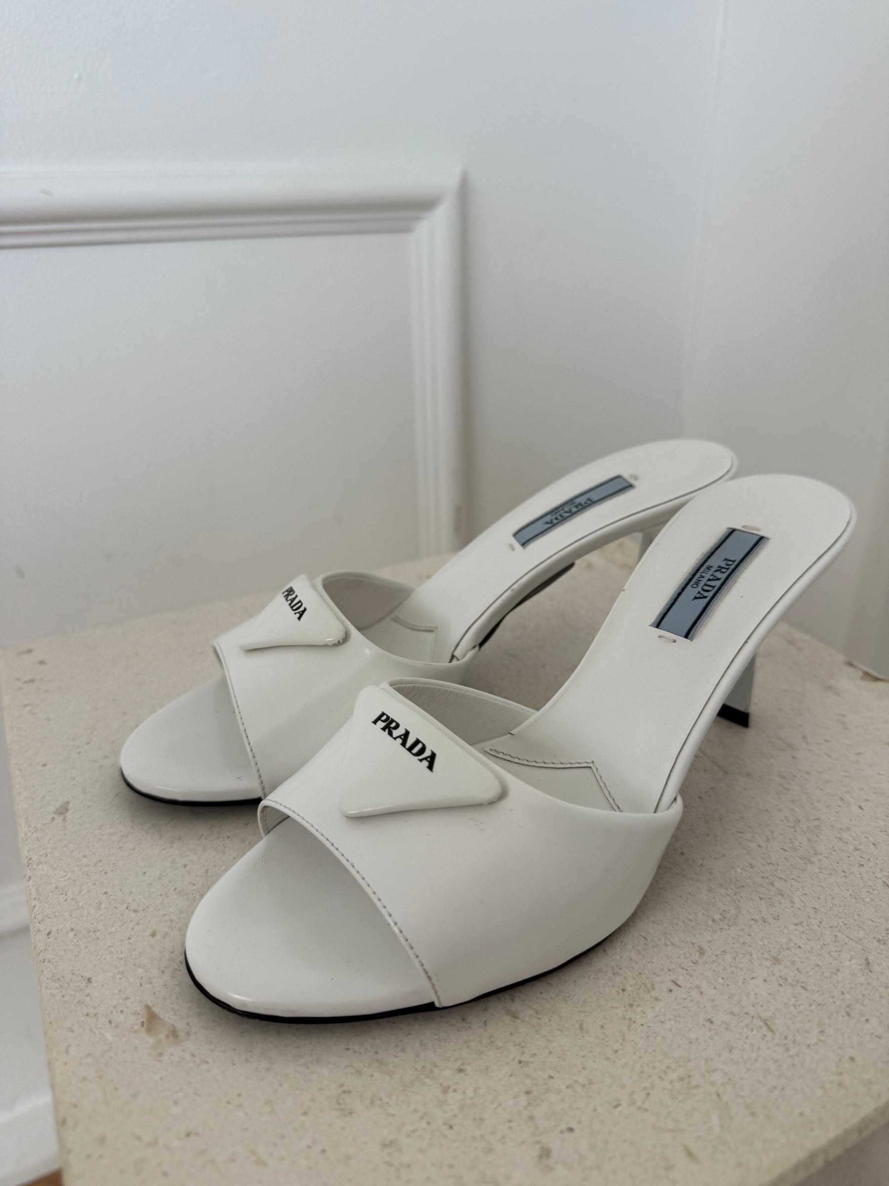 Prada White Logo Mules, 37