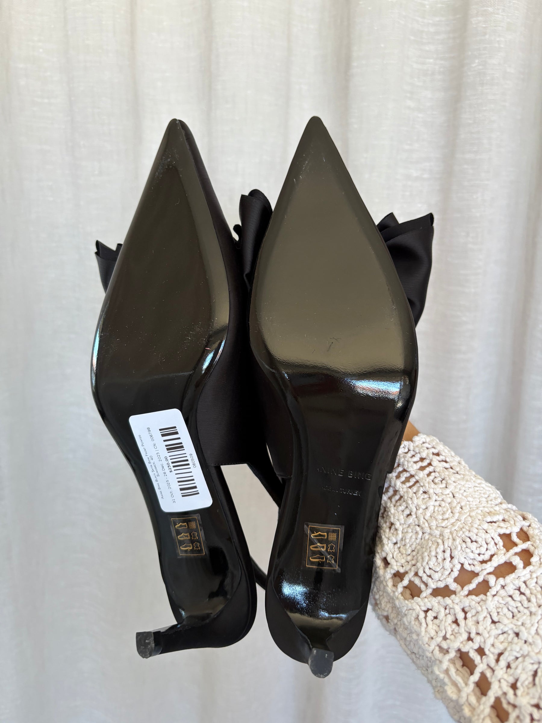 Anine Bing Black Satin Bow Front Pointed Slingback, 40