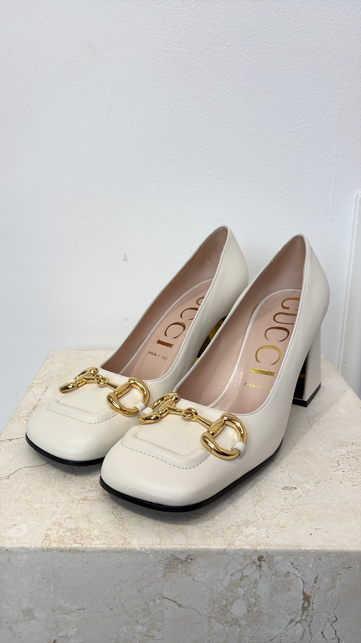 Gucci Cream Leather Horsebit Square Toe Pumps, 39