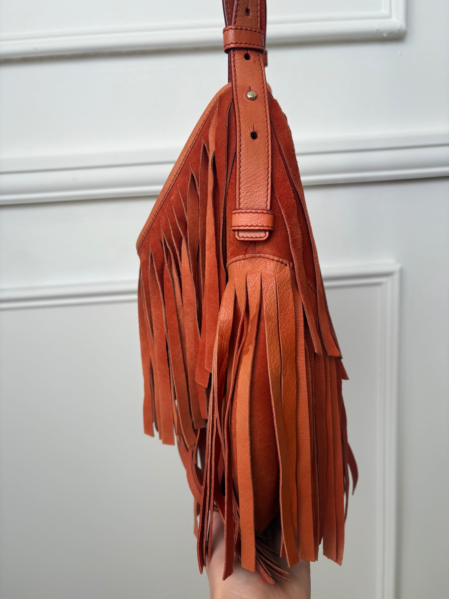 Saint Laurent Orange Suede Fringes Shoulder Bag