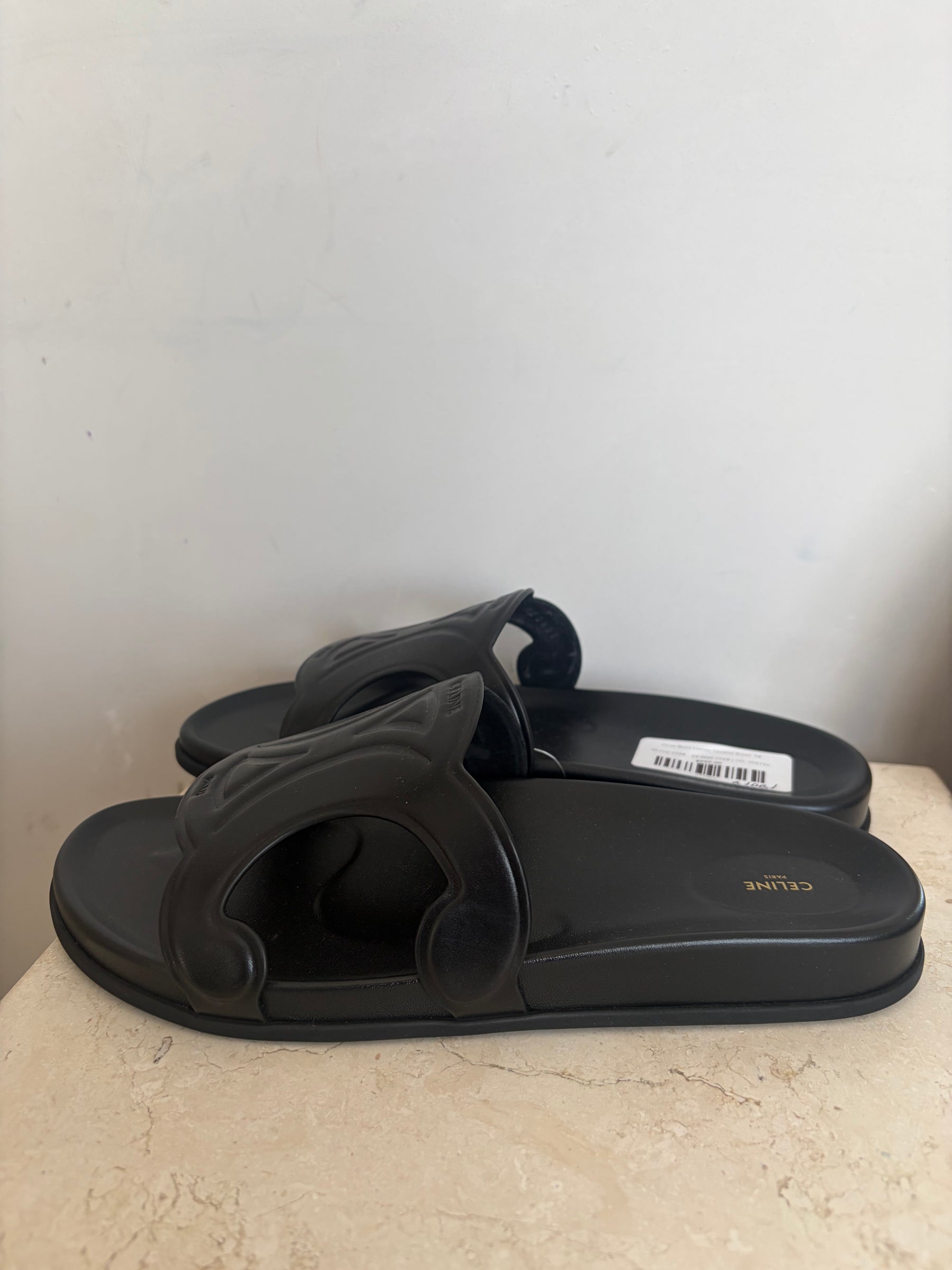 Celine Black Leather Triomphe Slides, 39