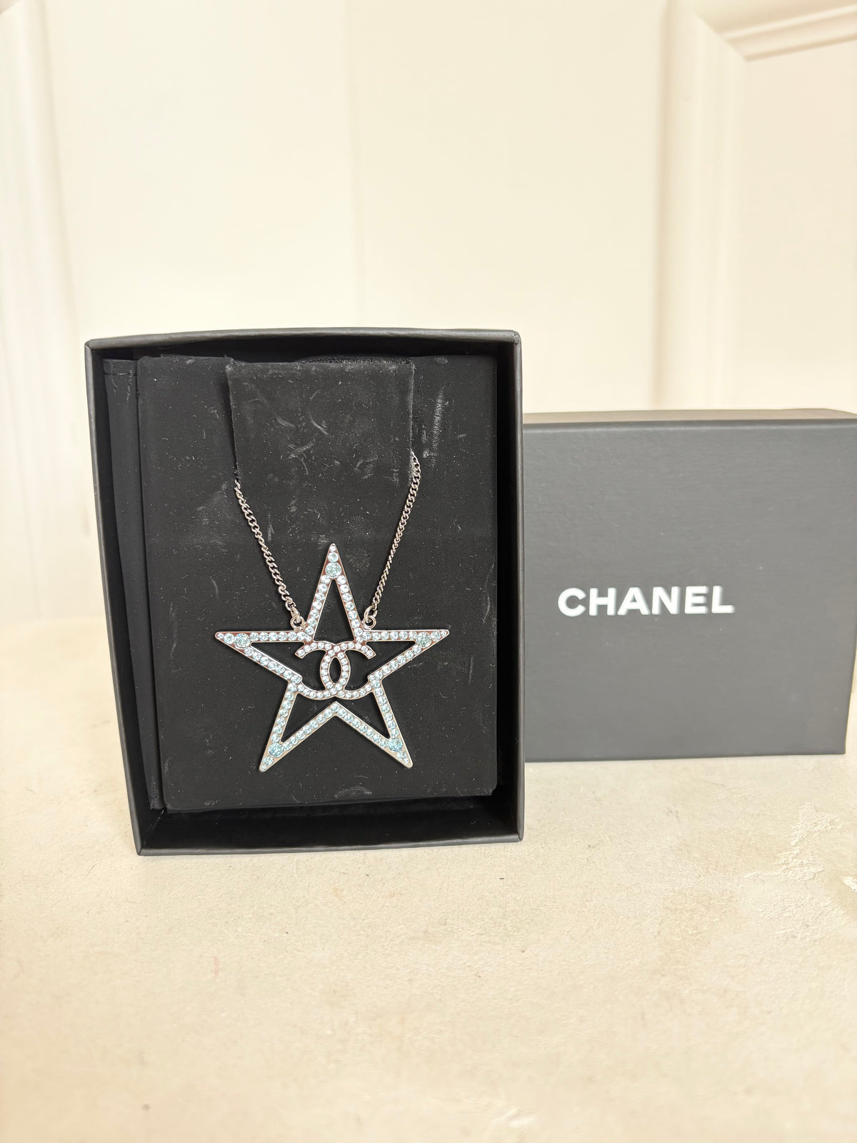 Chanel Blue Crystal Star Logo Pendant Necklace