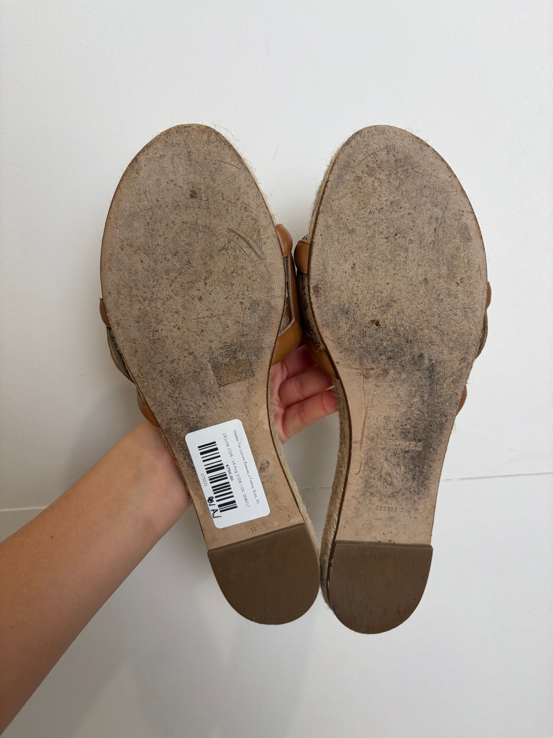 Hermès Tan Leather Espadrille Famosa Slide, 41