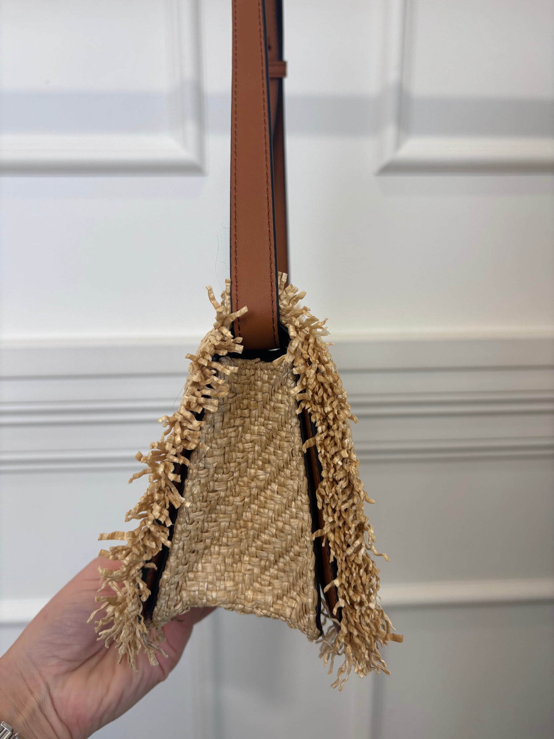 Oroton Raffia and Tan Leather Flap Bag