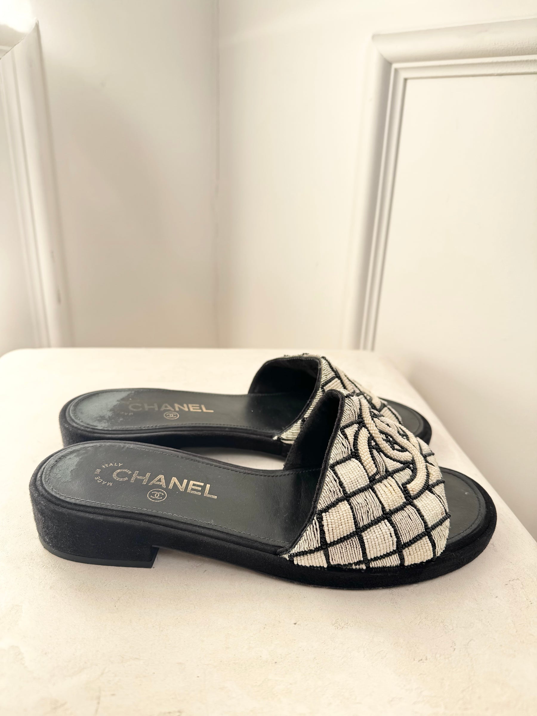 Chanel Black and White Beaded Logo Heeled Mules, 38C