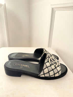 Chanel Black and White Beaded Logo Heeled Mules, 38C