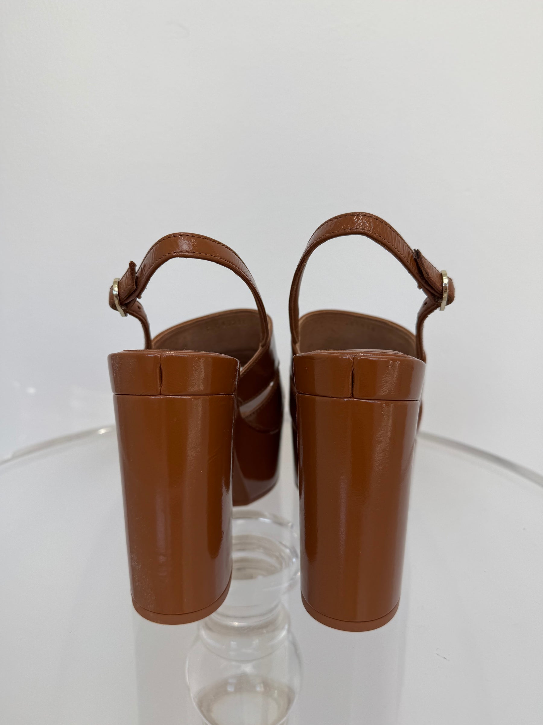 Chanel Tan Patent Leather Platform Peep Toe Pumps, 37C