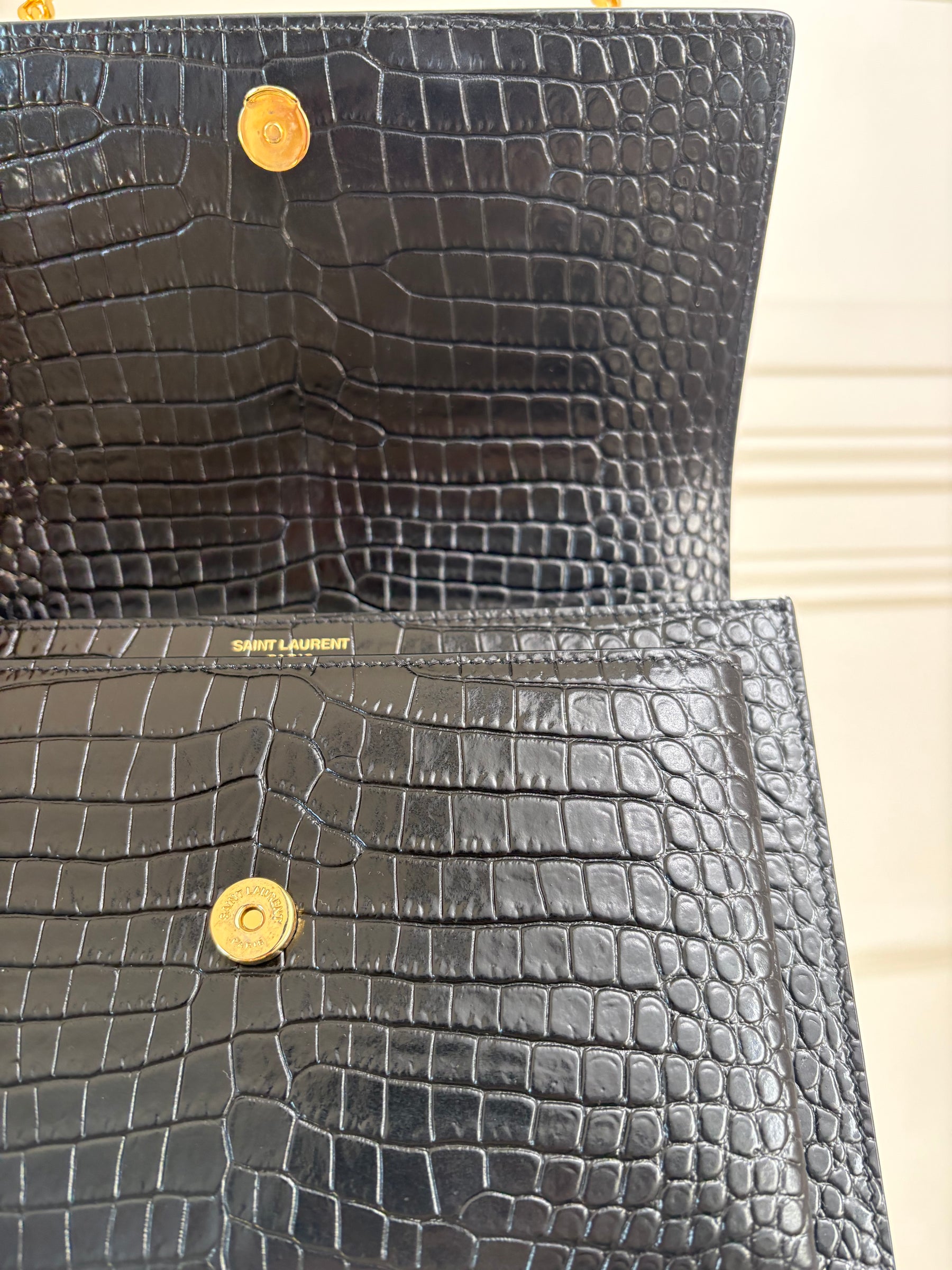 Saint Laurent Black Croc Embossed Sunset Bag