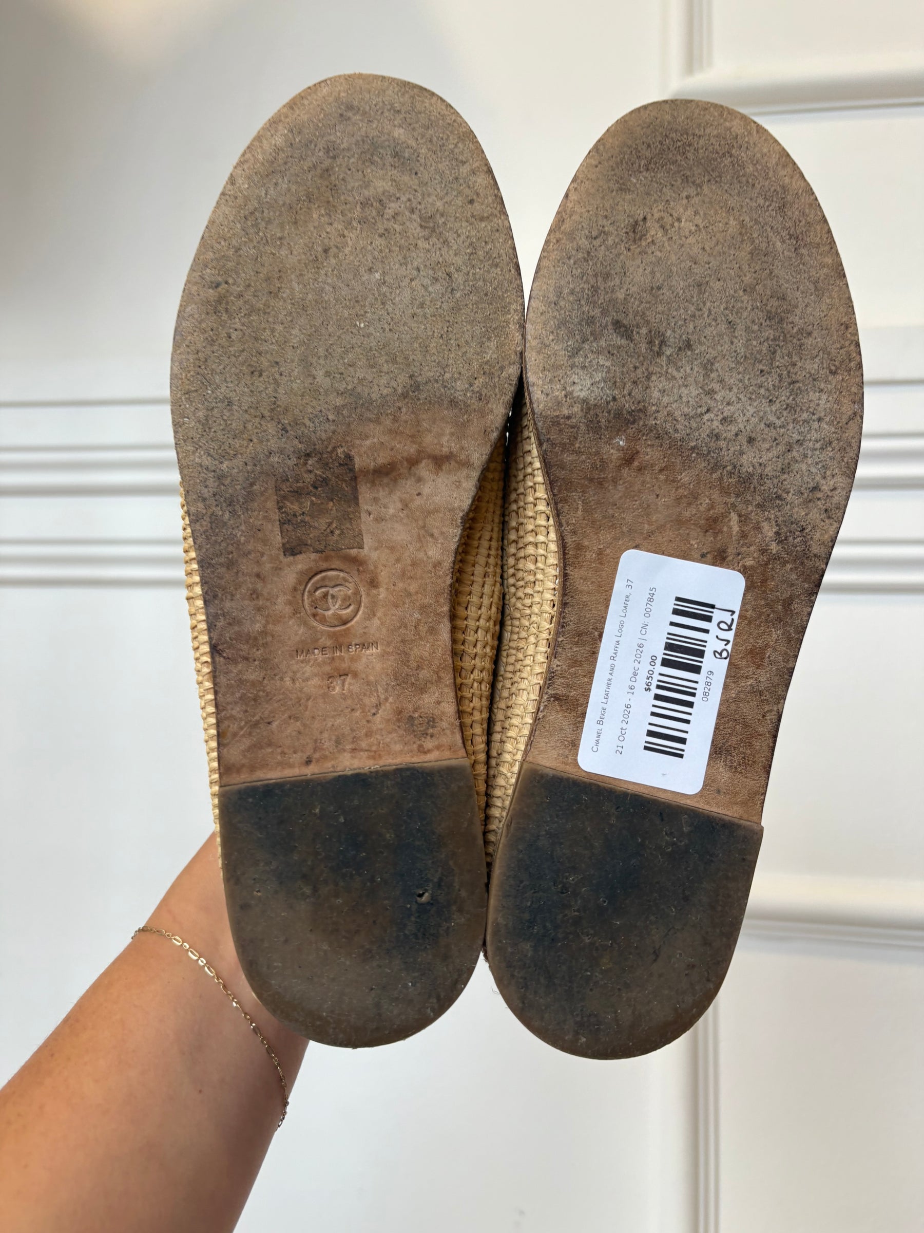 Chanel Beige Leather and Raffia Logo Loafer, 37