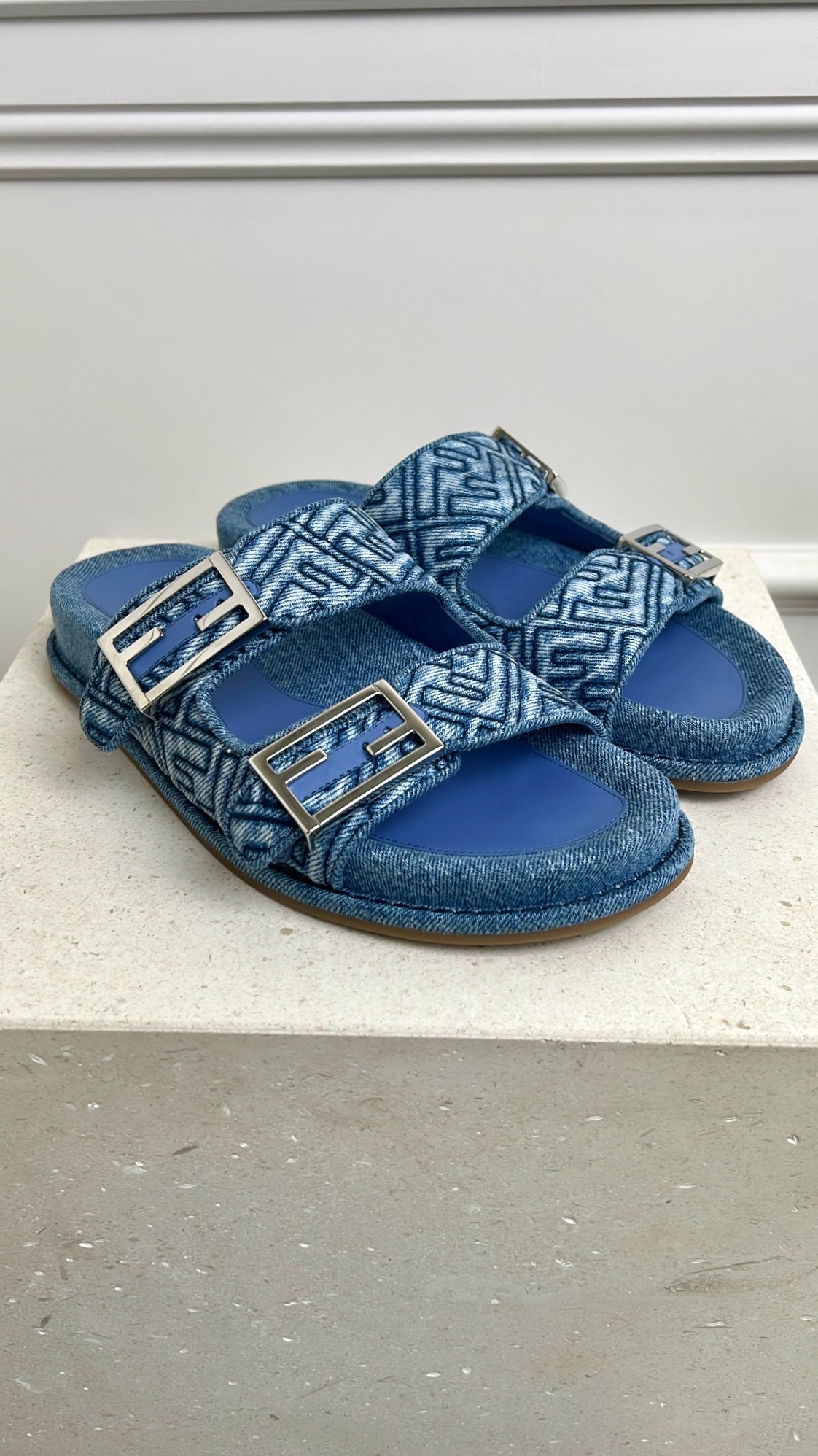 Fendi Blue Denim FF Logo Slides, 37