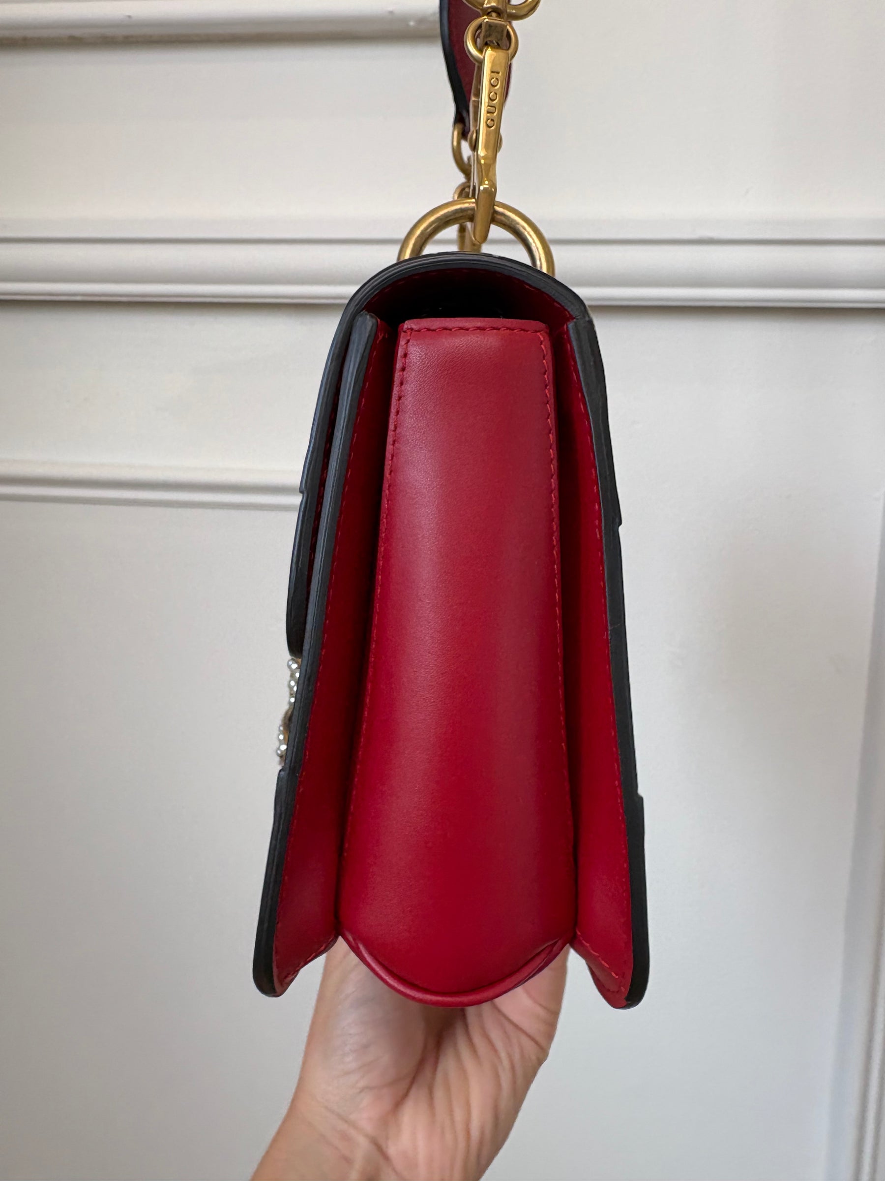 Gucci Red, White and Navy Leather Embellished Bee Shoulder Bag