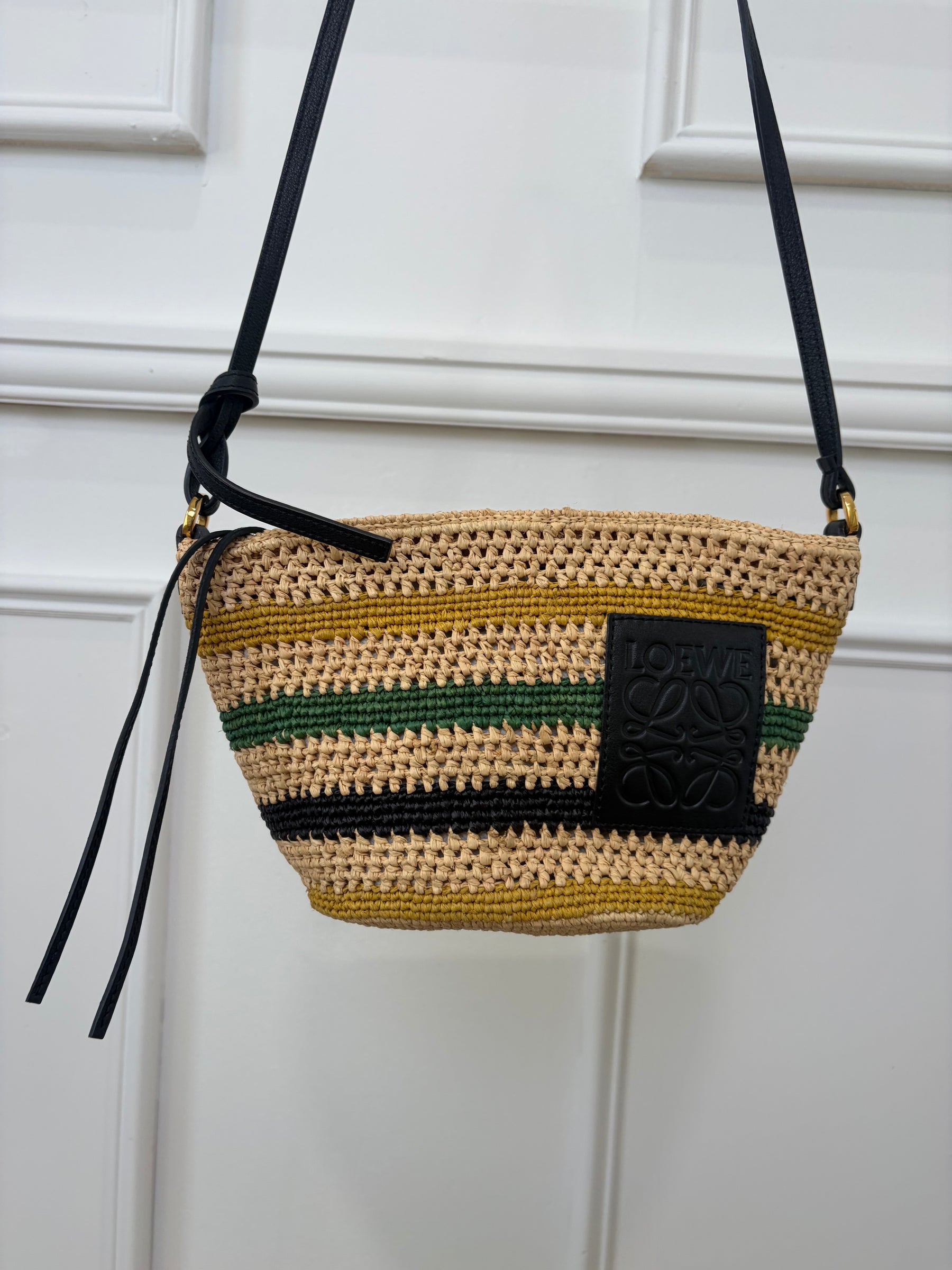 Loewe Natural Green Yellow and Black Leather Raffia Crossbody Pouch