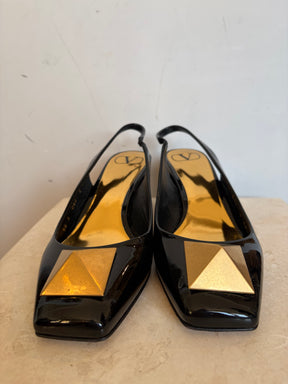 Valentino Garavani Black Patent Leather Roman Stud Slingback Pumps, 39