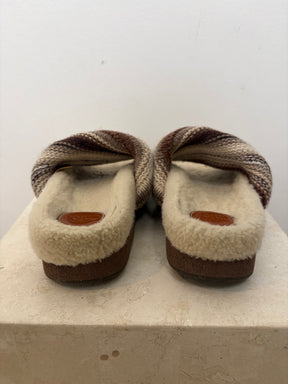 Chloé Brown and Cream Knit Shearling Wavy Slides, 37