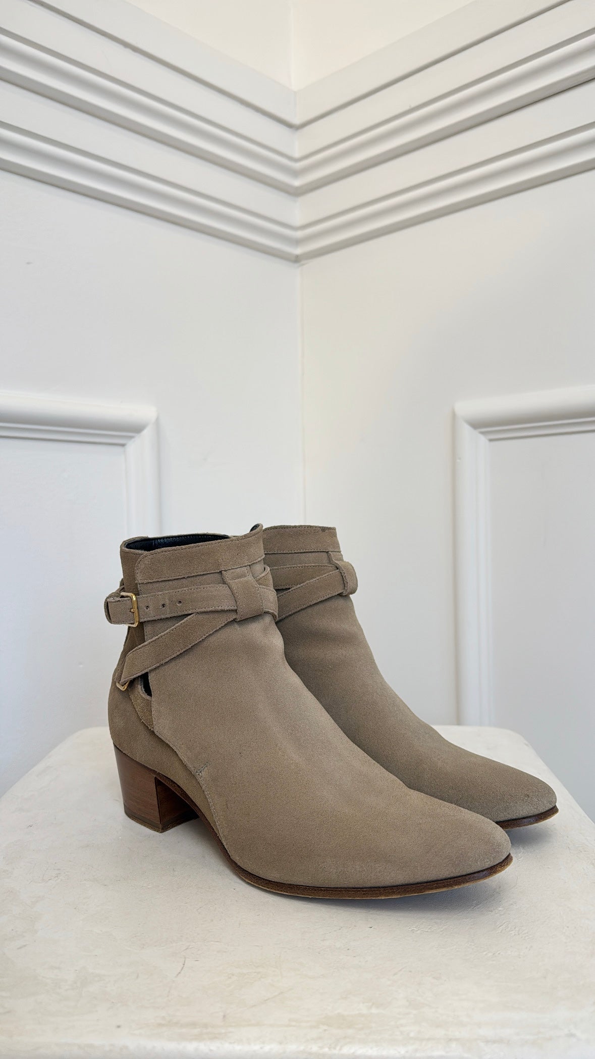 Saint Laurent Beige Suede Ankle Boots with Buckle, 38