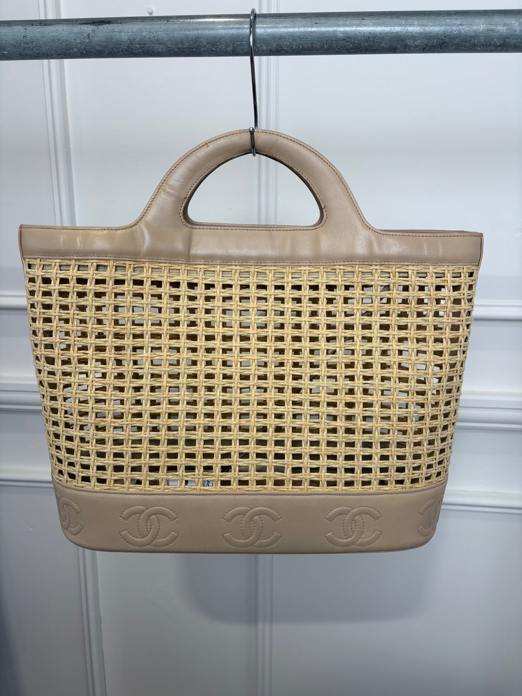 Chanel Beige Leather Raffia Logo Tote Bag
