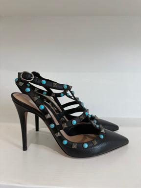 Valentino Rockstud Black Leather Cage Heels With Turquoise, 38