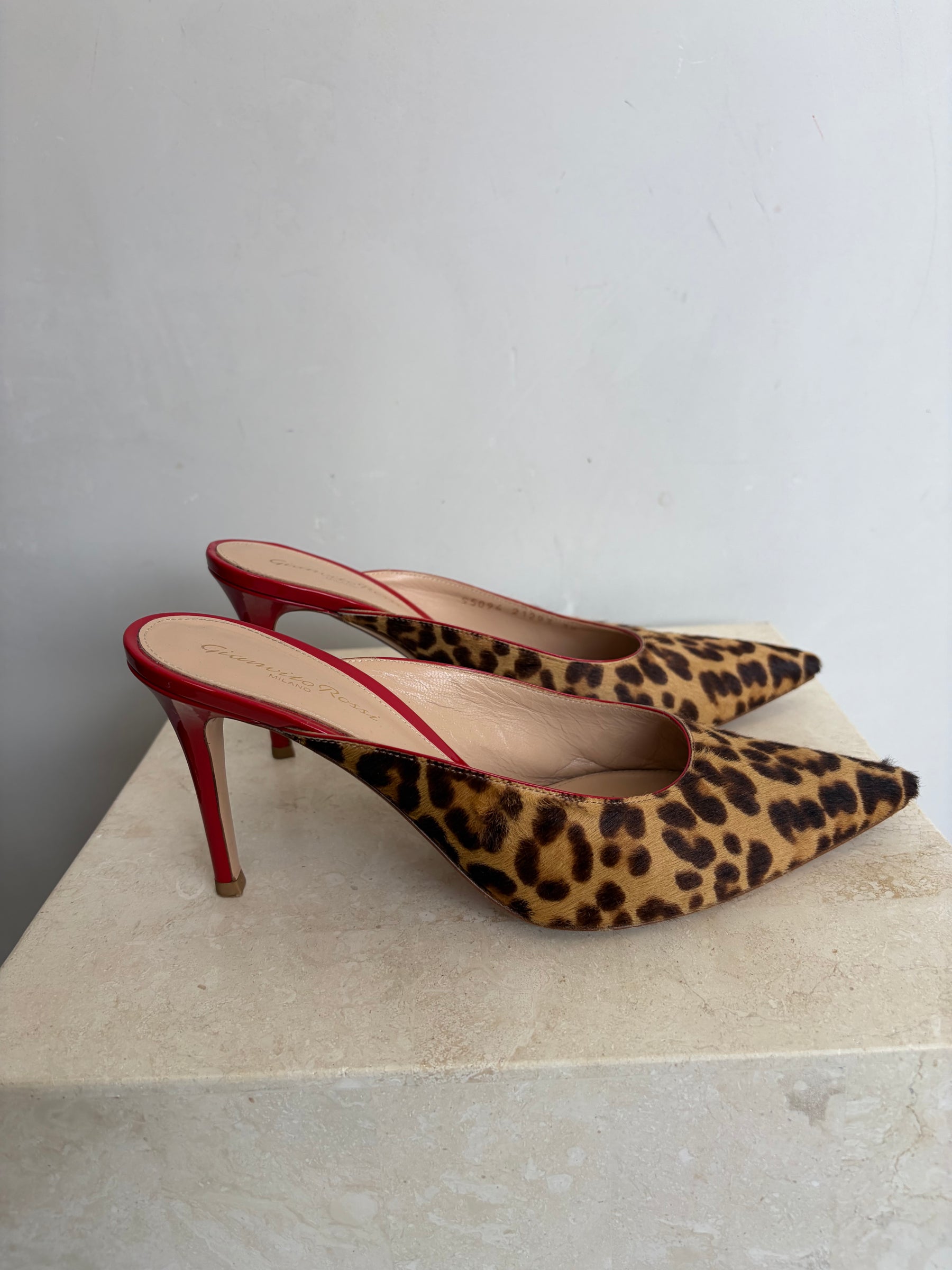 Gianvito Rossi Leopard Pony Hair and Red Patent Leather Pointed Mule, 38