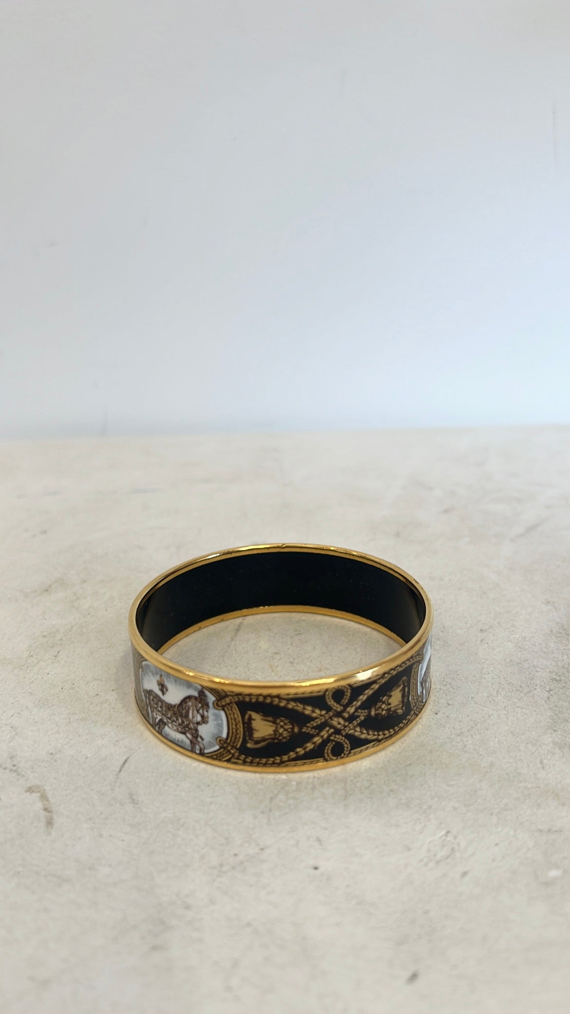 Hermès Gold Tone and Black Enamel Thick Bangle