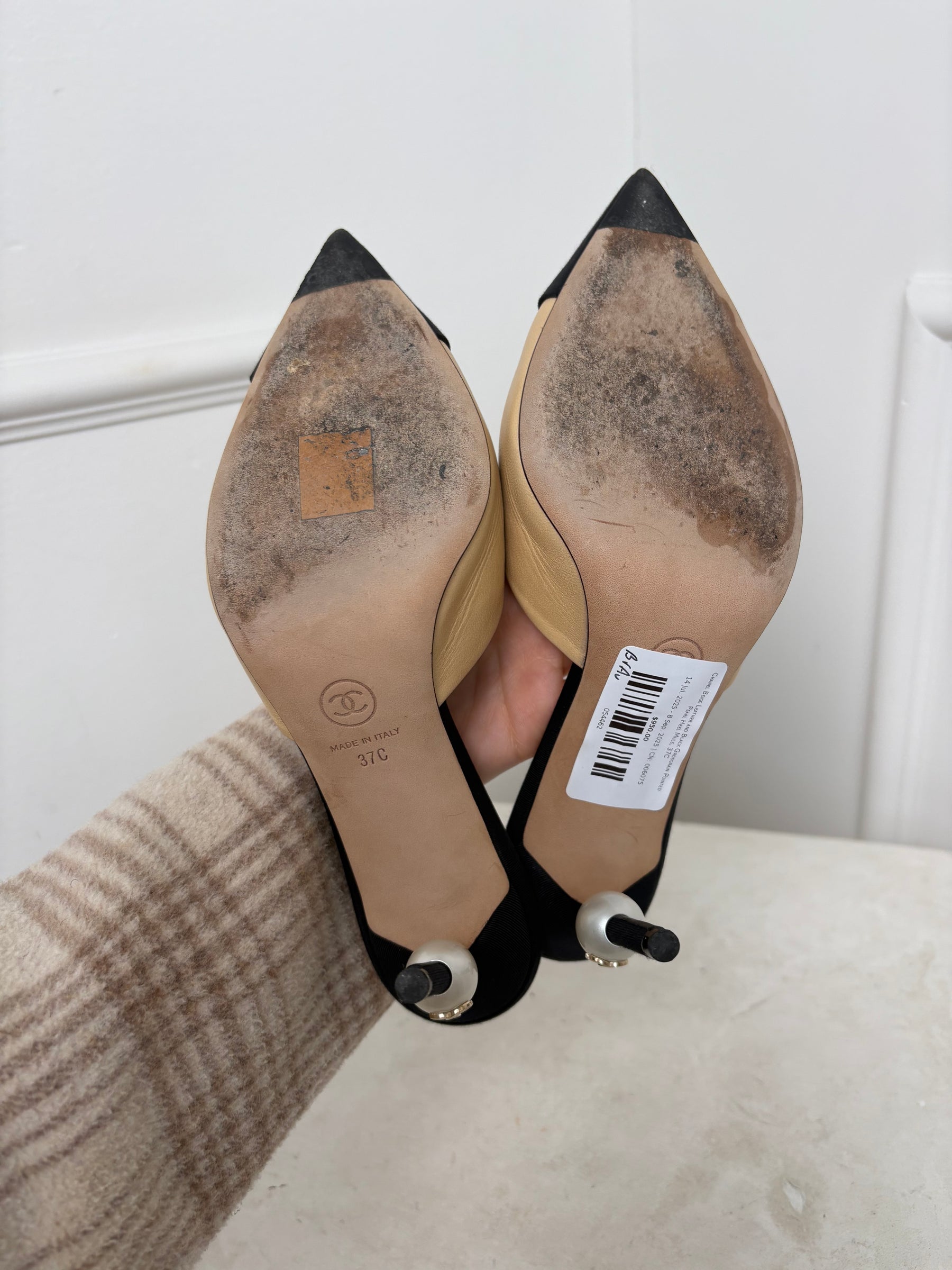 Chanel Beige Leather and Black Grosgrain Pointed Pearl Heel Mule, 37C