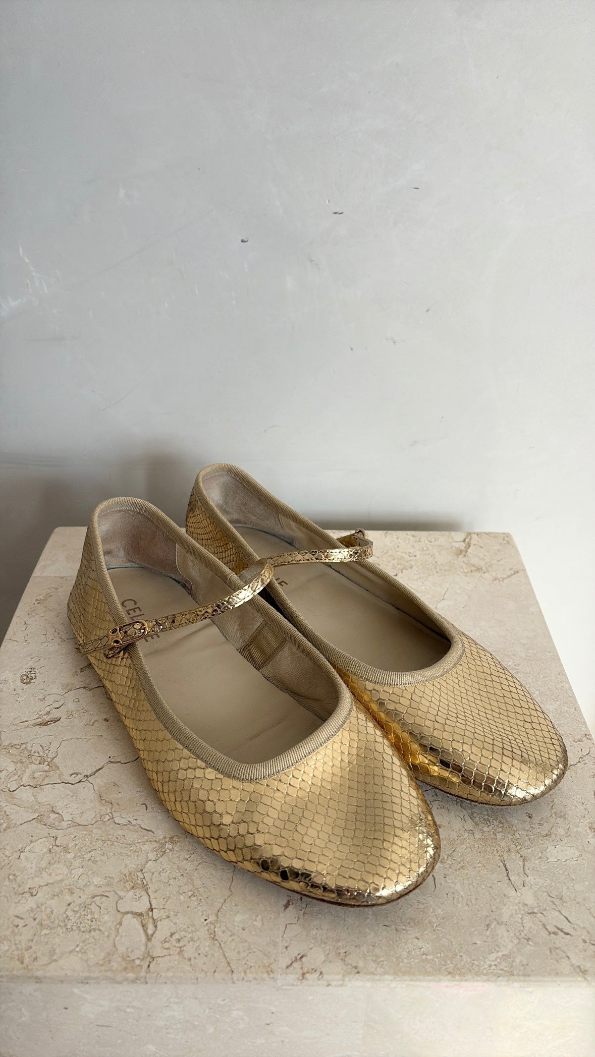 Celine Gold Python Embossed Ballet Flats, 39