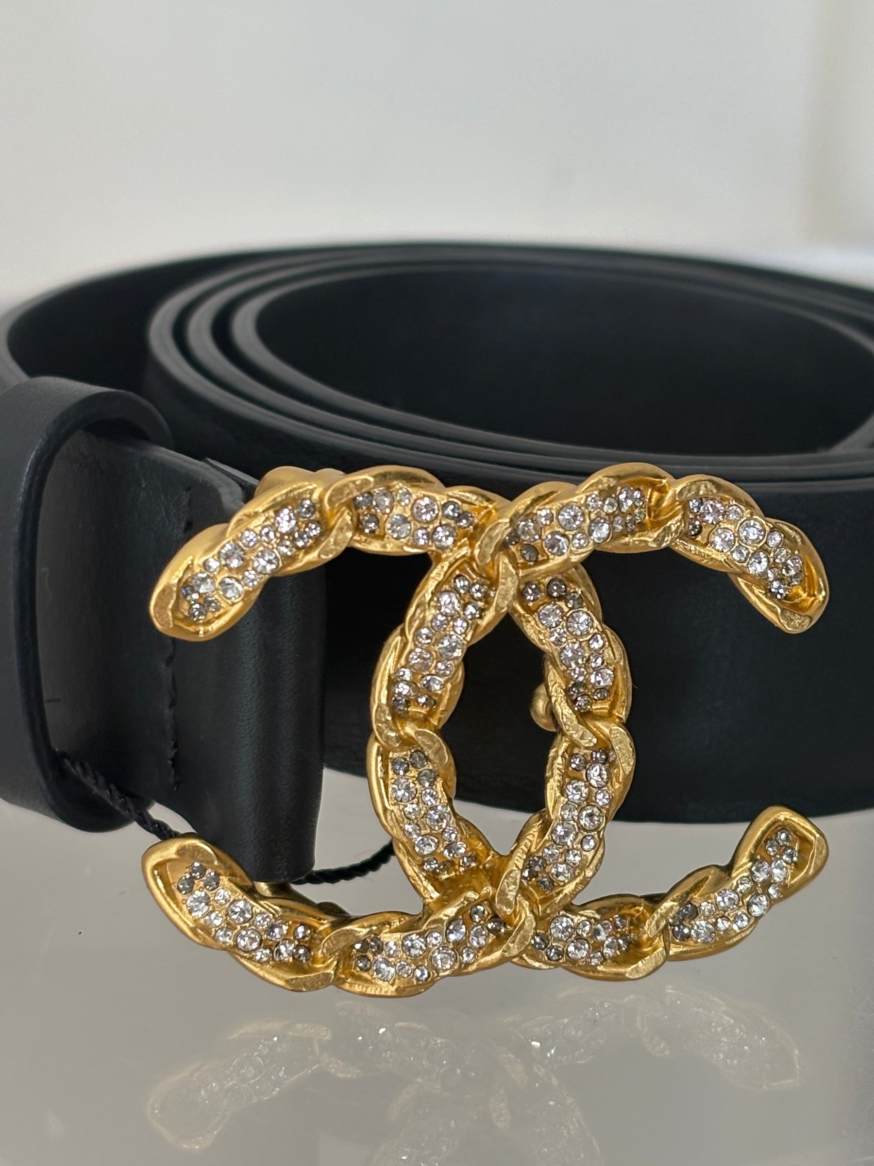 Chanel Black Leather Gold Crystal Logo Belt, 85