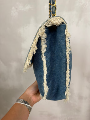 Chanel Blue Denim Cream Fringed Bag