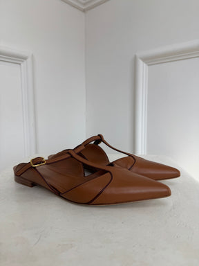 Malone Souliers Tan Leather Pointed T Bar Flats, 38