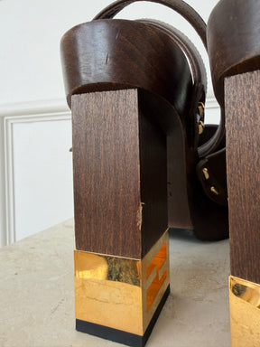 Fendi Brown Leather Platform Logo Heel Clogs, 38