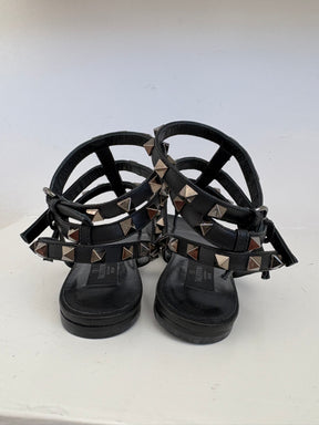 Valentino Garavani Black Leather Rockstud Caged Sandals, 36.5 C