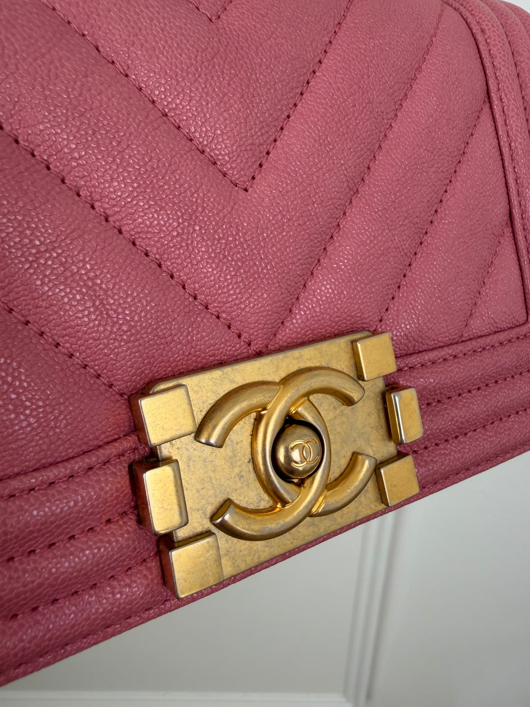 Chanel Pink Chevron Quilted Caviar Leather Small Boy Bag