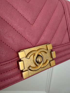 Chanel Pink Chevron Quilted Caviar Leather Small Boy Bag