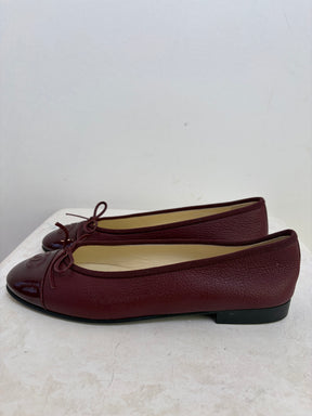 Chanel Burgundy Grained and Patent Leather Ballet Flats, 39.5 C