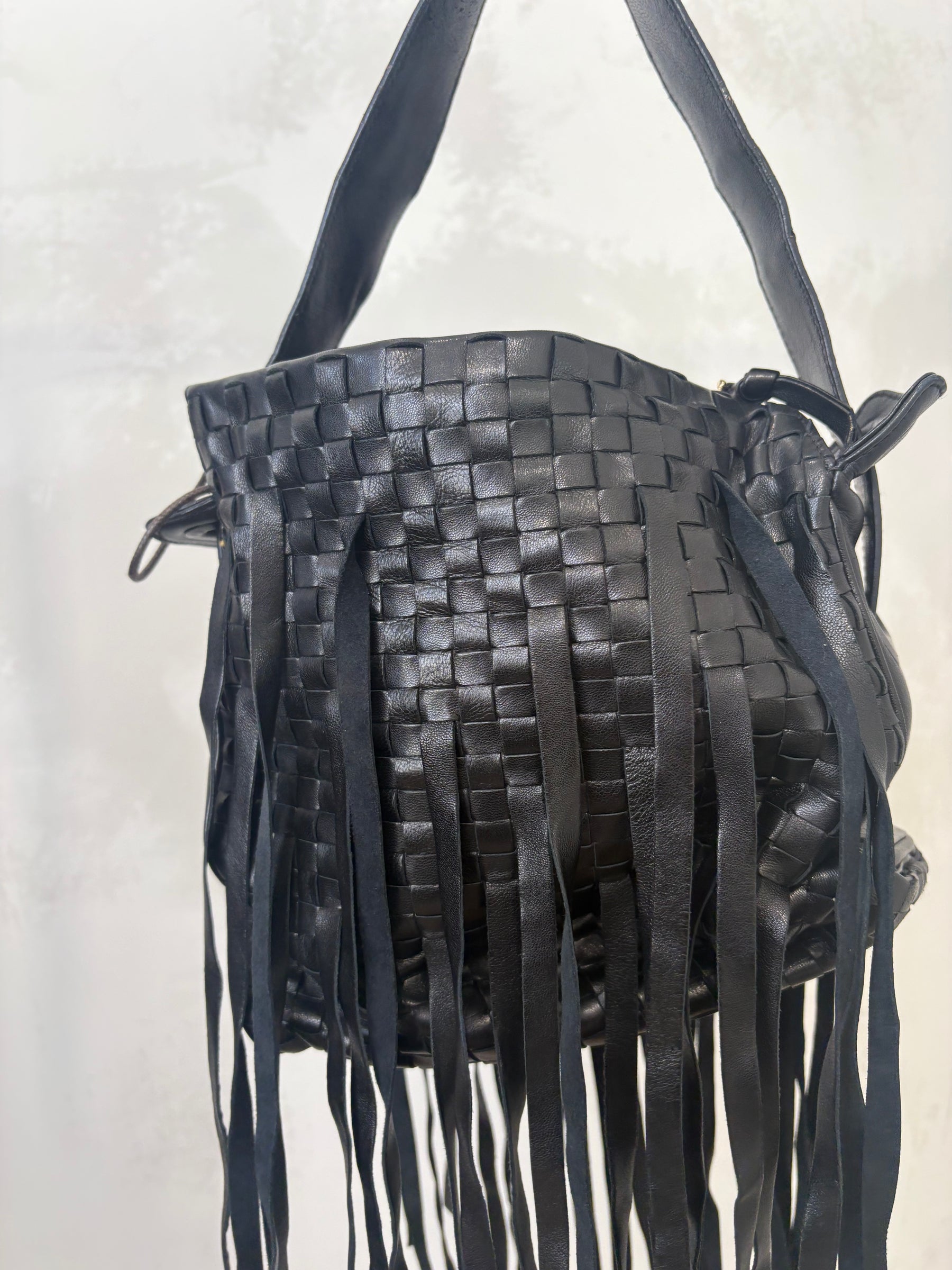 Bottega Veneta Black Intrecciato Fringed Leather Shoulder Bag