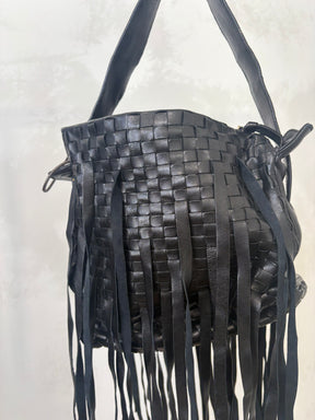 Bottega Veneta Black Intrecciato Fringed Leather Shoulder Bag