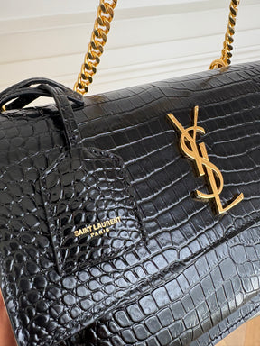 Saint Laurent Black Croc Embossed Sunset Bag