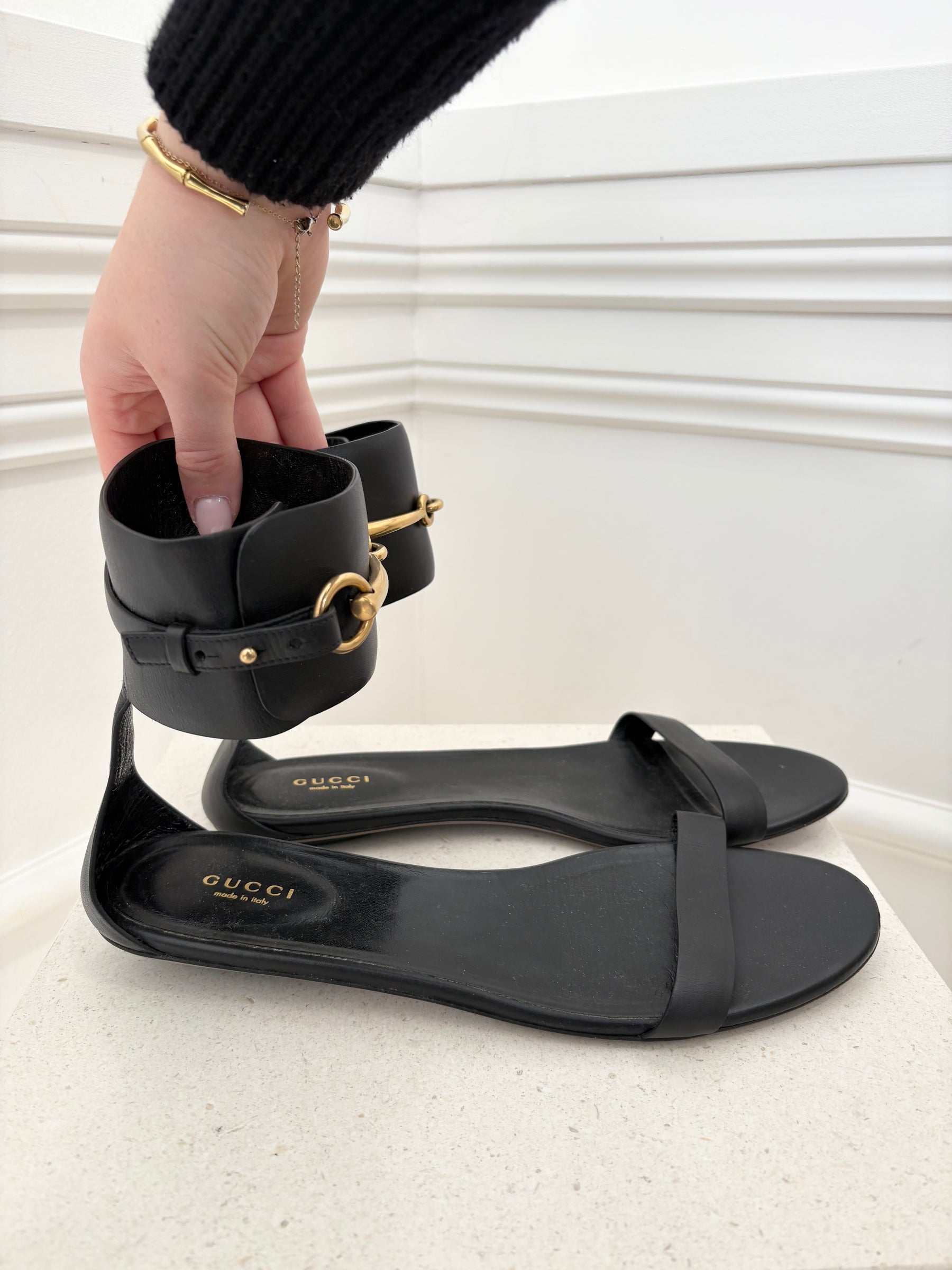 Gucci Black Leather Horsebit Ankle Strap Sandals, 40