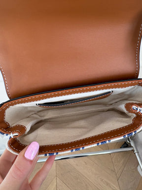 Oroton Blue and White Canvas with Tan leather Top Handle Bag
