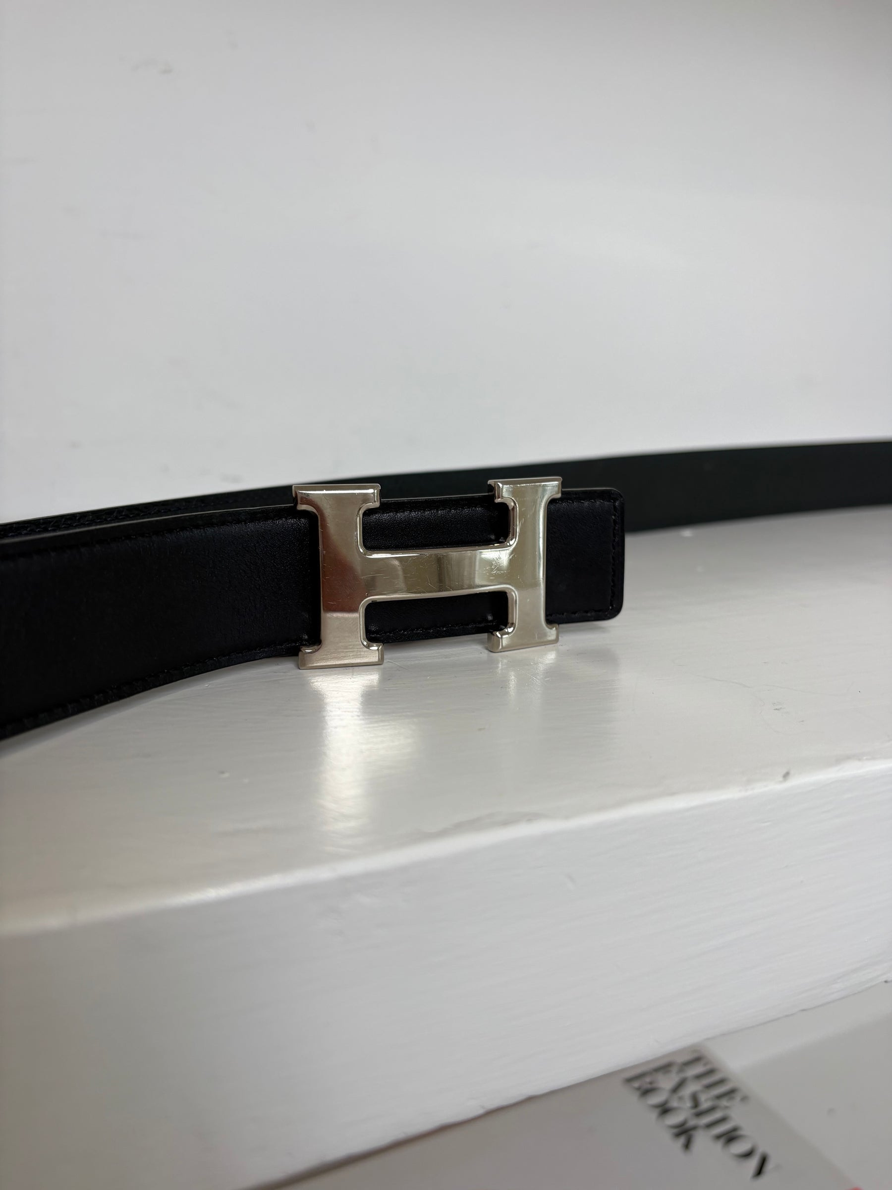 Hermès Black Reversible Leather Silver H Belt, 90