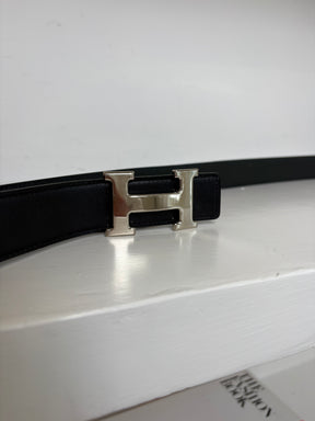 Hermès Black Reversible Leather Silver H Belt, 90