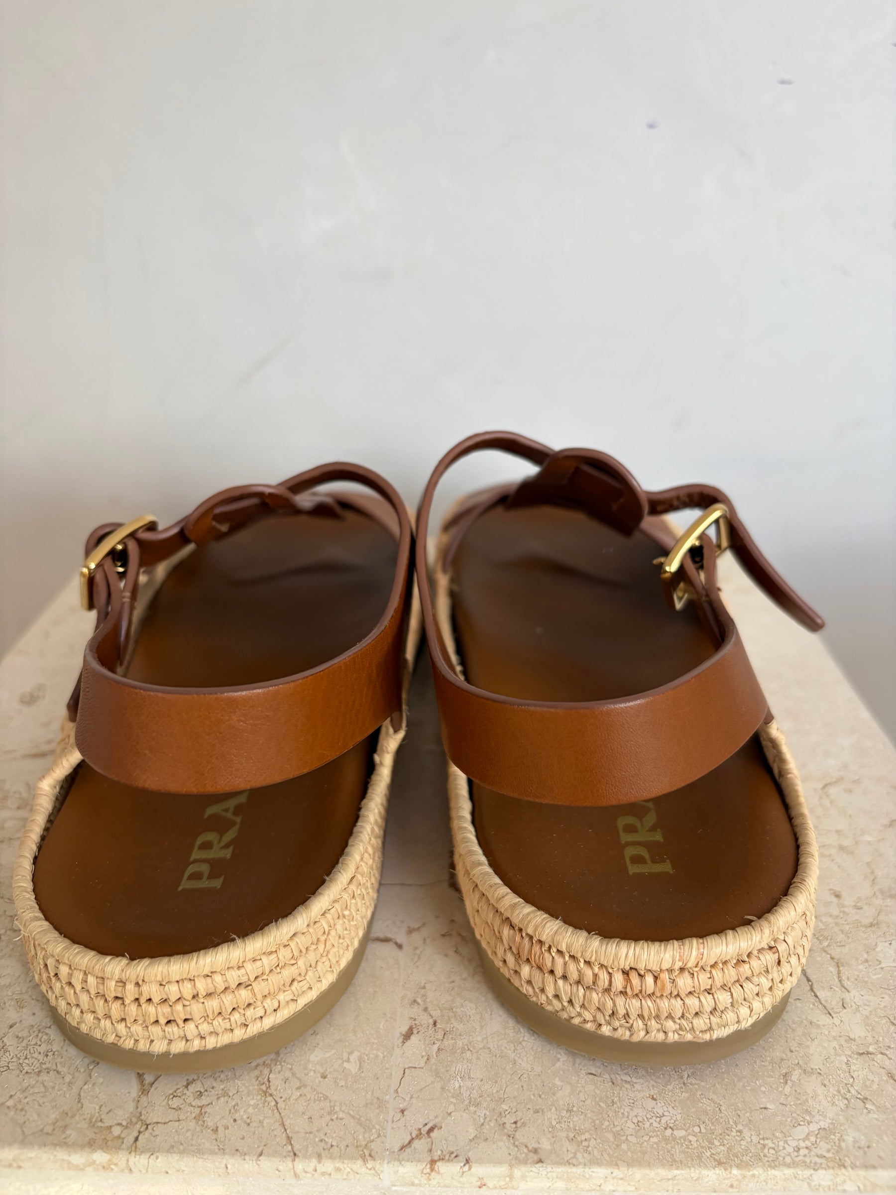 Prada Leather And Raffia Sandals Tan, 38