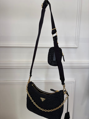 Prada Black Raffia Re-Edition Crossbody Bag