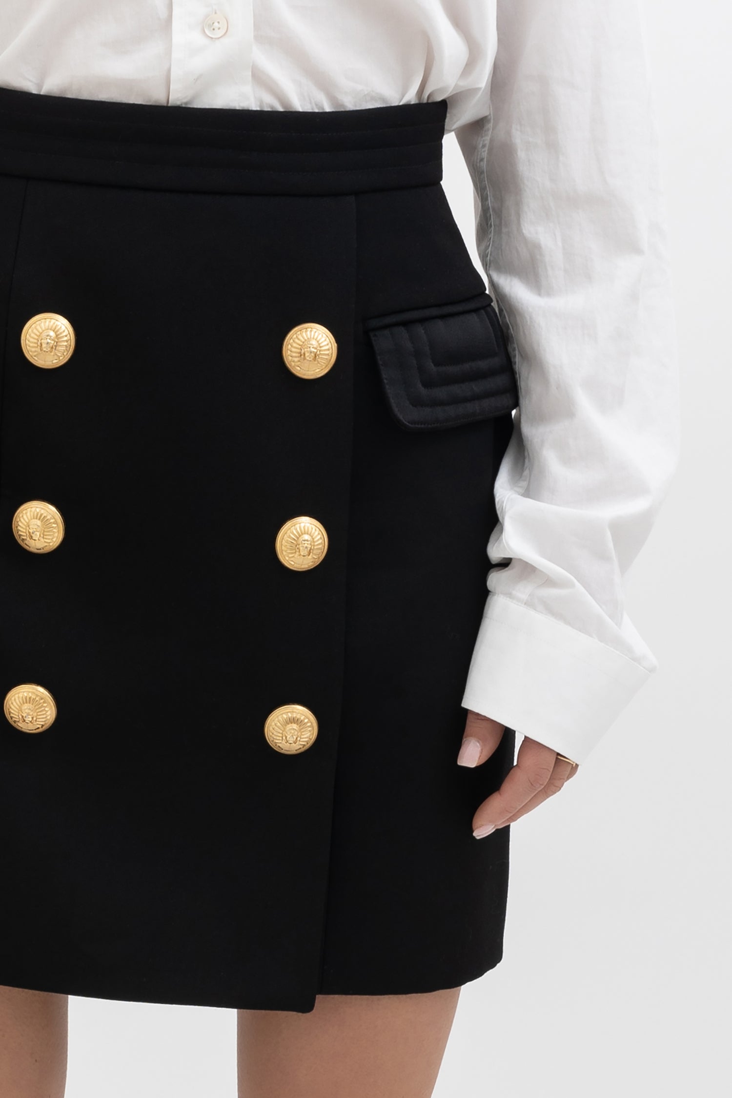 Resort 2015 Balmain Military Inspited Gold Button Denim Mini Skirt Skirt