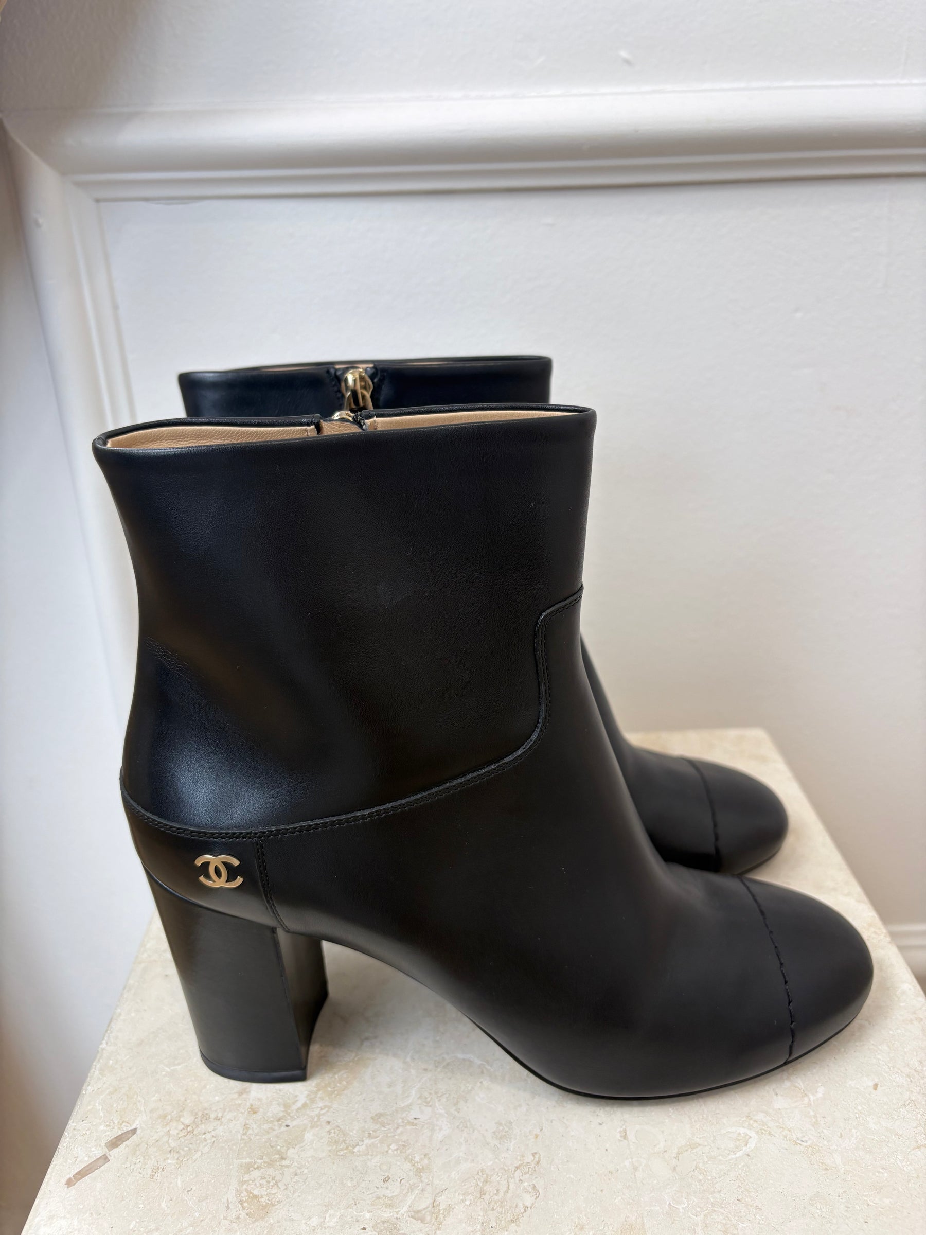 Chanel Black Leather Heeled Ankle Boots, 41 C