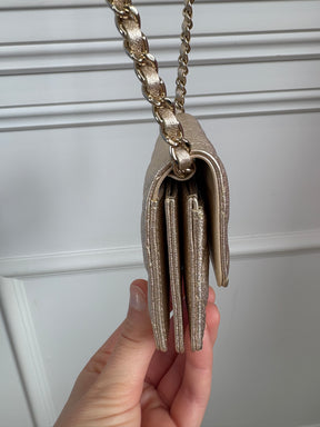 Chanel Gold Leather Camellia Strap Mini Card Holder on Chain
