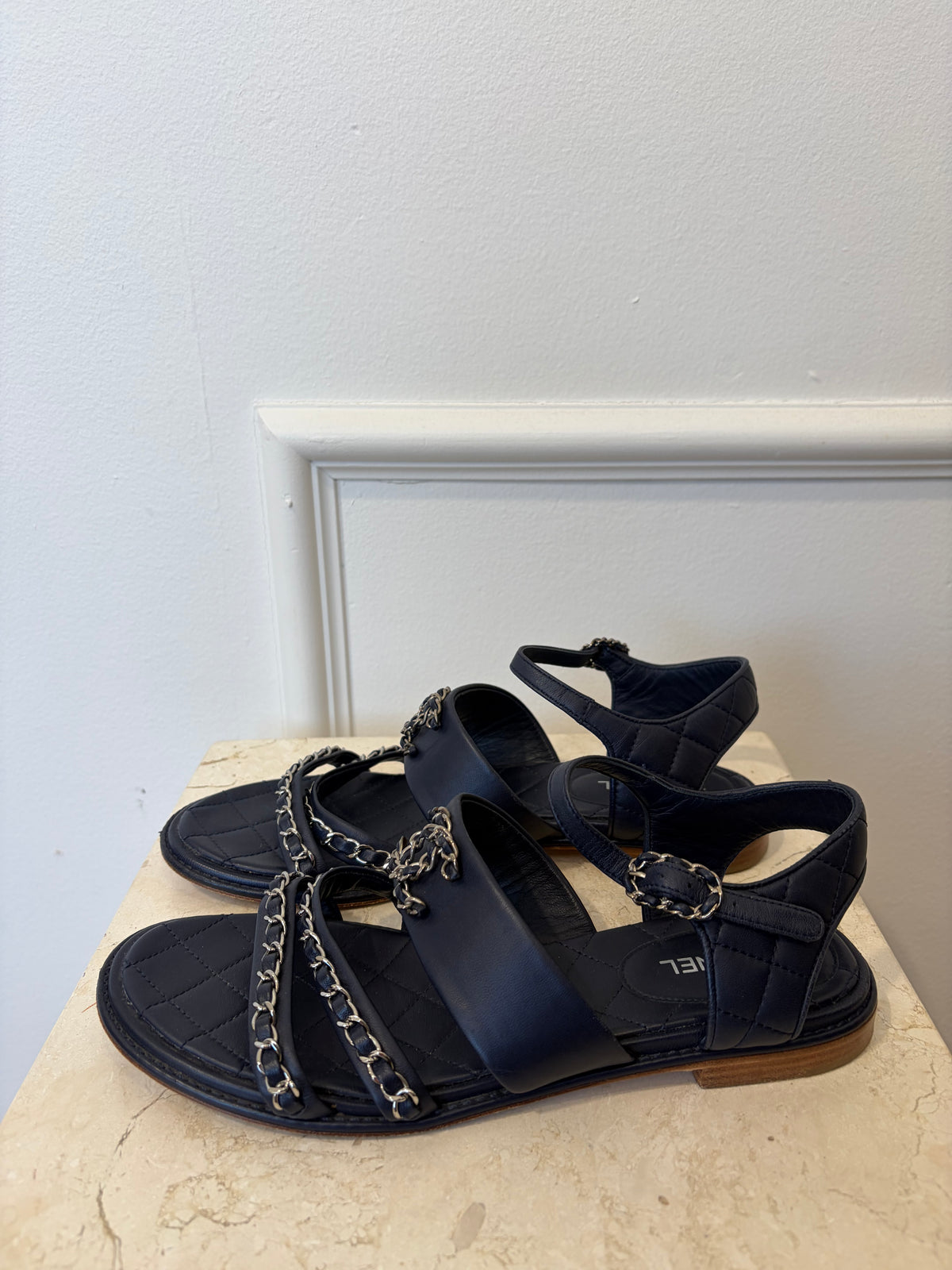 Chanel Navy Leather Silver Chain Logo Sandals, 39 C