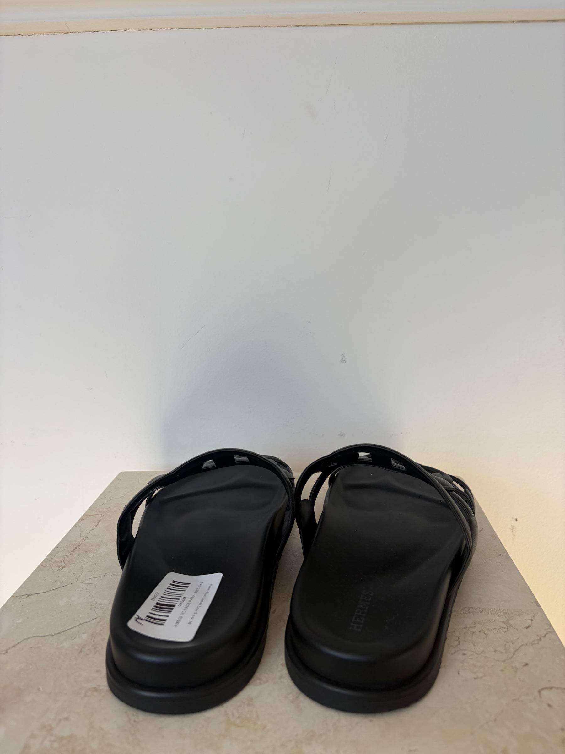 Hermès Black Leather Extra Slides, 38